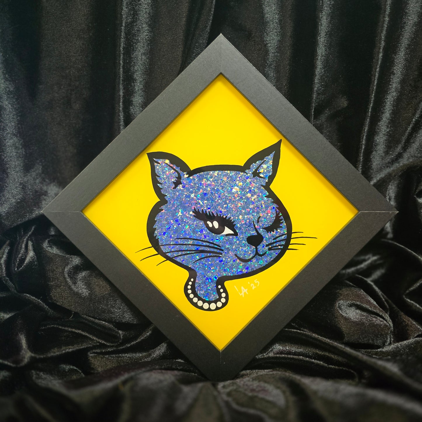 90's Winking Cat "Sticker" Yellow & Light Denim Blue Glitter