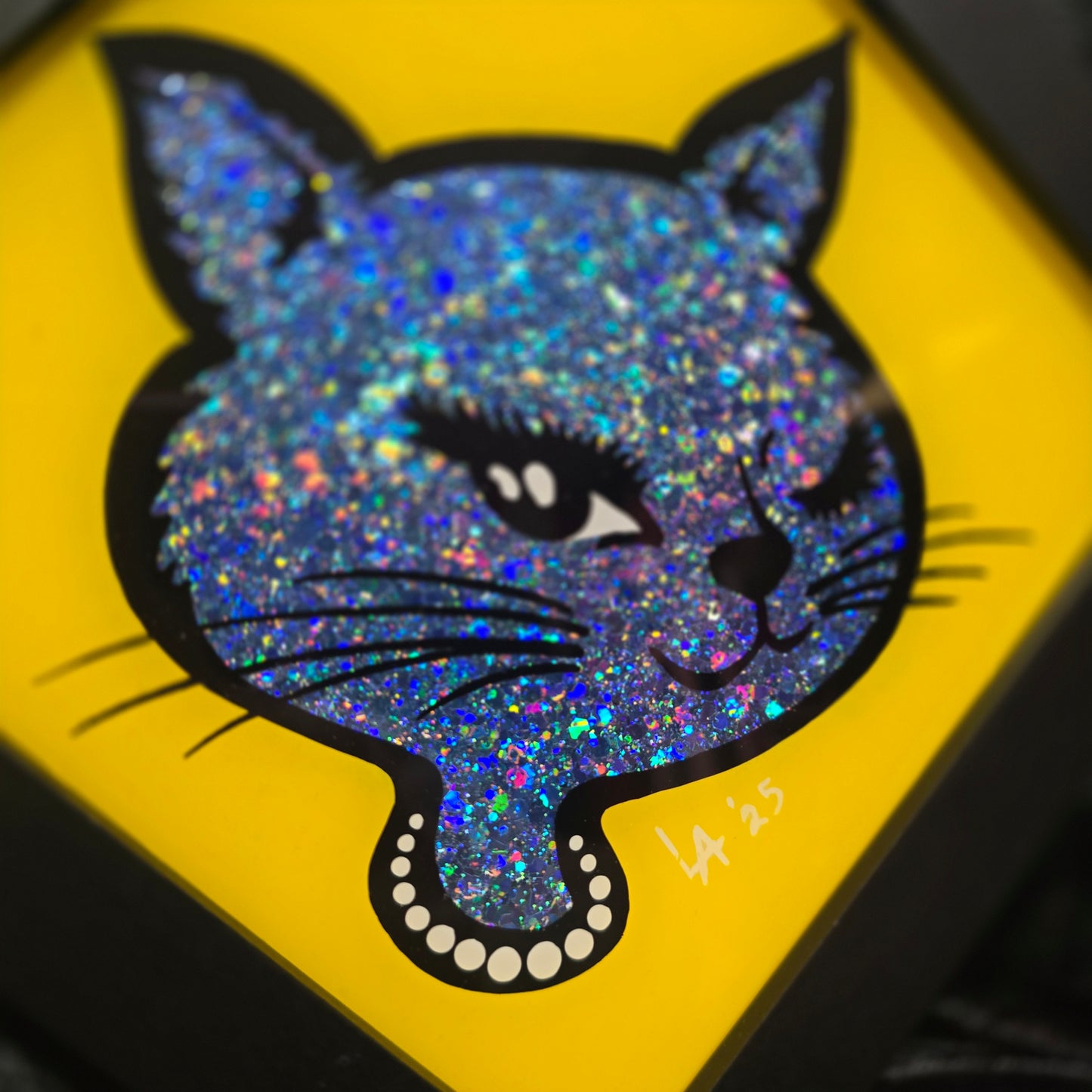 90's Winking Cat "Sticker" Yellow & Light Denim Blue Glitter