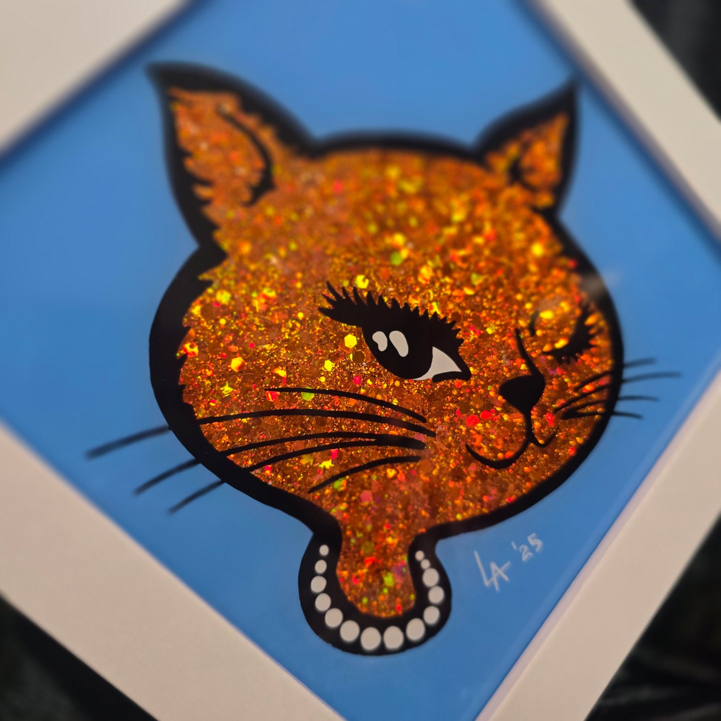 90's Winking Cat "Sticker" Baby Blue & Orange Glitter