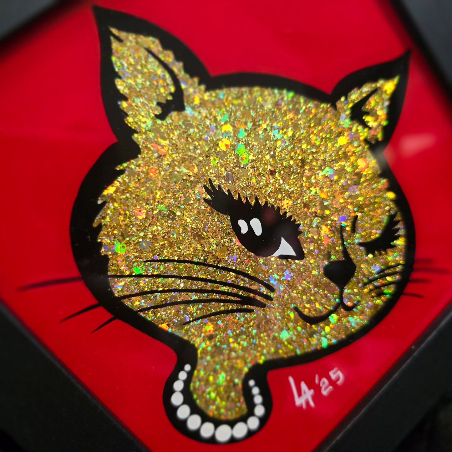 90's Winking Cat "Sticker" Red & Gold Glitter
