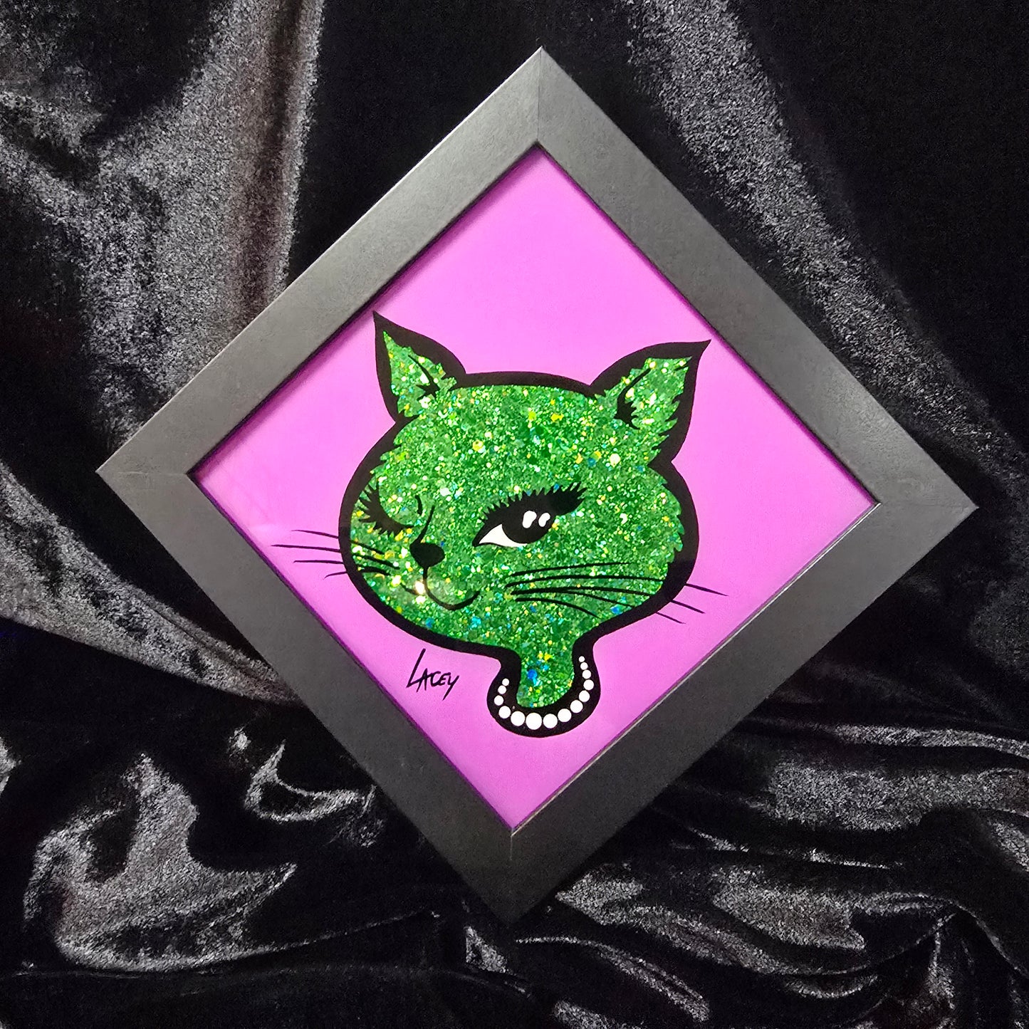 90's Winking Cat "Sticker" Purple with Green Glitter