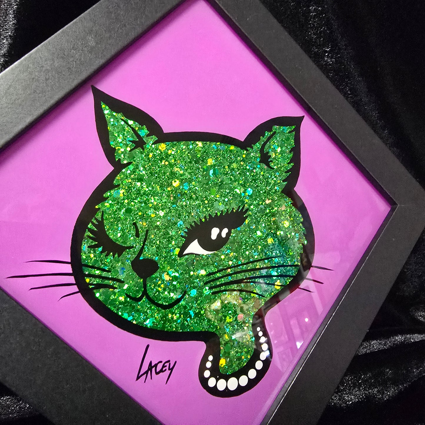 90's Winking Cat "Sticker" Purple with Green Glitter
