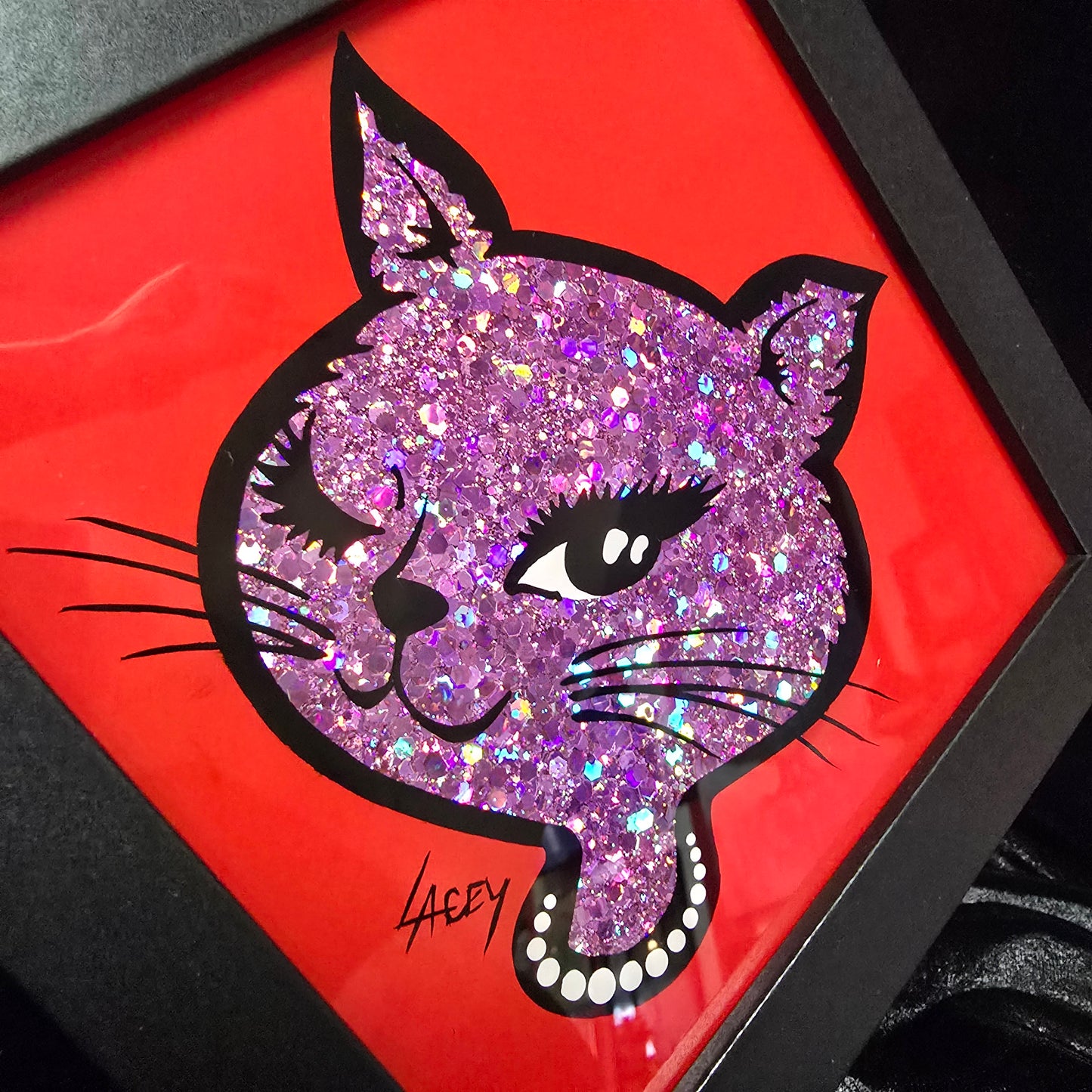 90's Winking Cat "Sticker" Red with Lilac Glitter