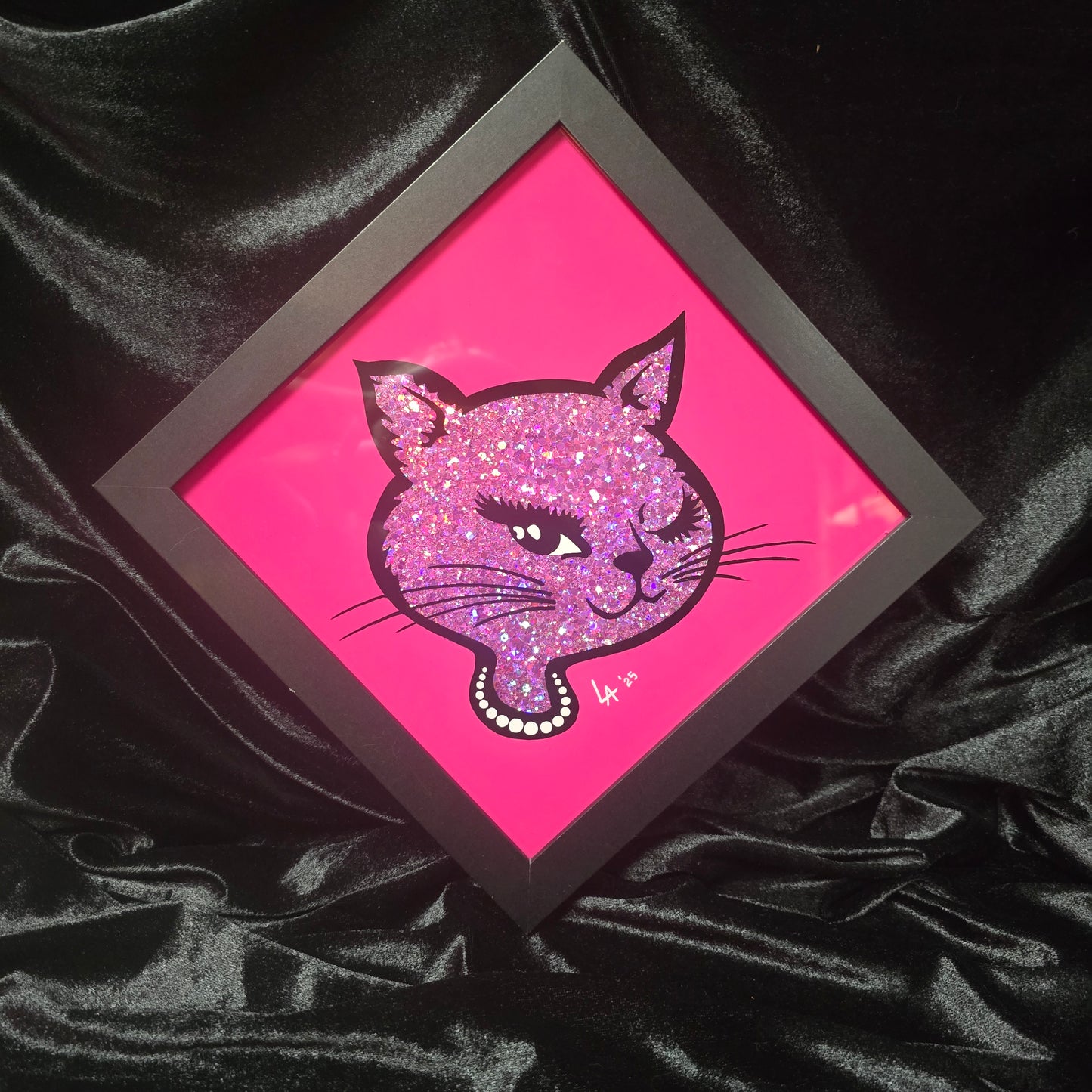 LARGE 90's Winking Cat "Sticker" Bright Pink and Lilac Glitter