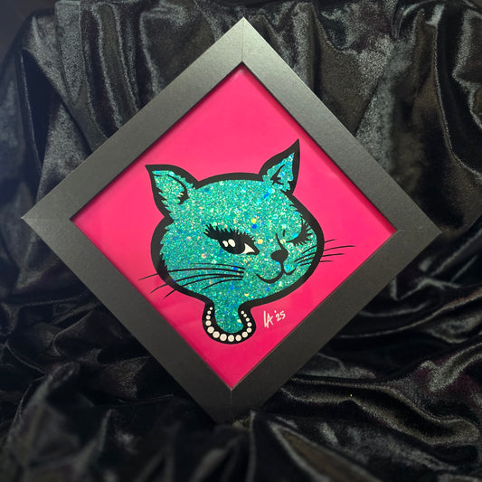90's Winking Cat "Sticker" Bright Pink & Teal Glitter