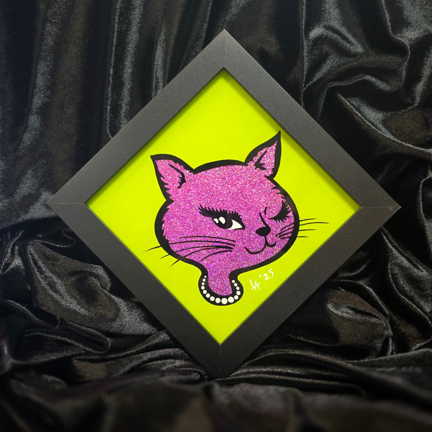 90's Winking Cat "Sticker" Light Green & Purple Pink Glitter