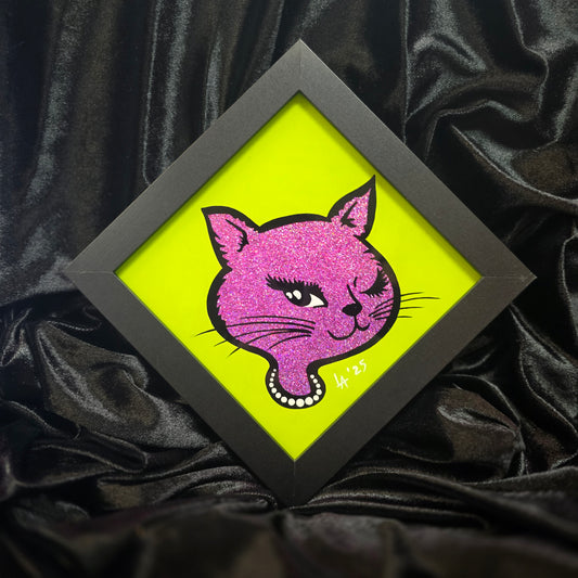 90's Winking Cat "Sticker" Light Green & Purple Pink Glitter