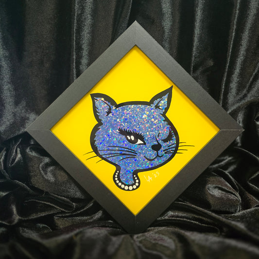 90's Winking Cat "Sticker" Yellow & Light Denim Blue Glitter