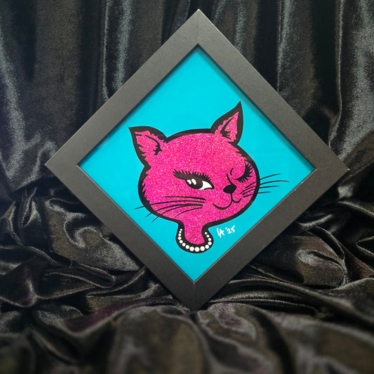 90's Winking Cat "Sticker" Pink & Bright Teal