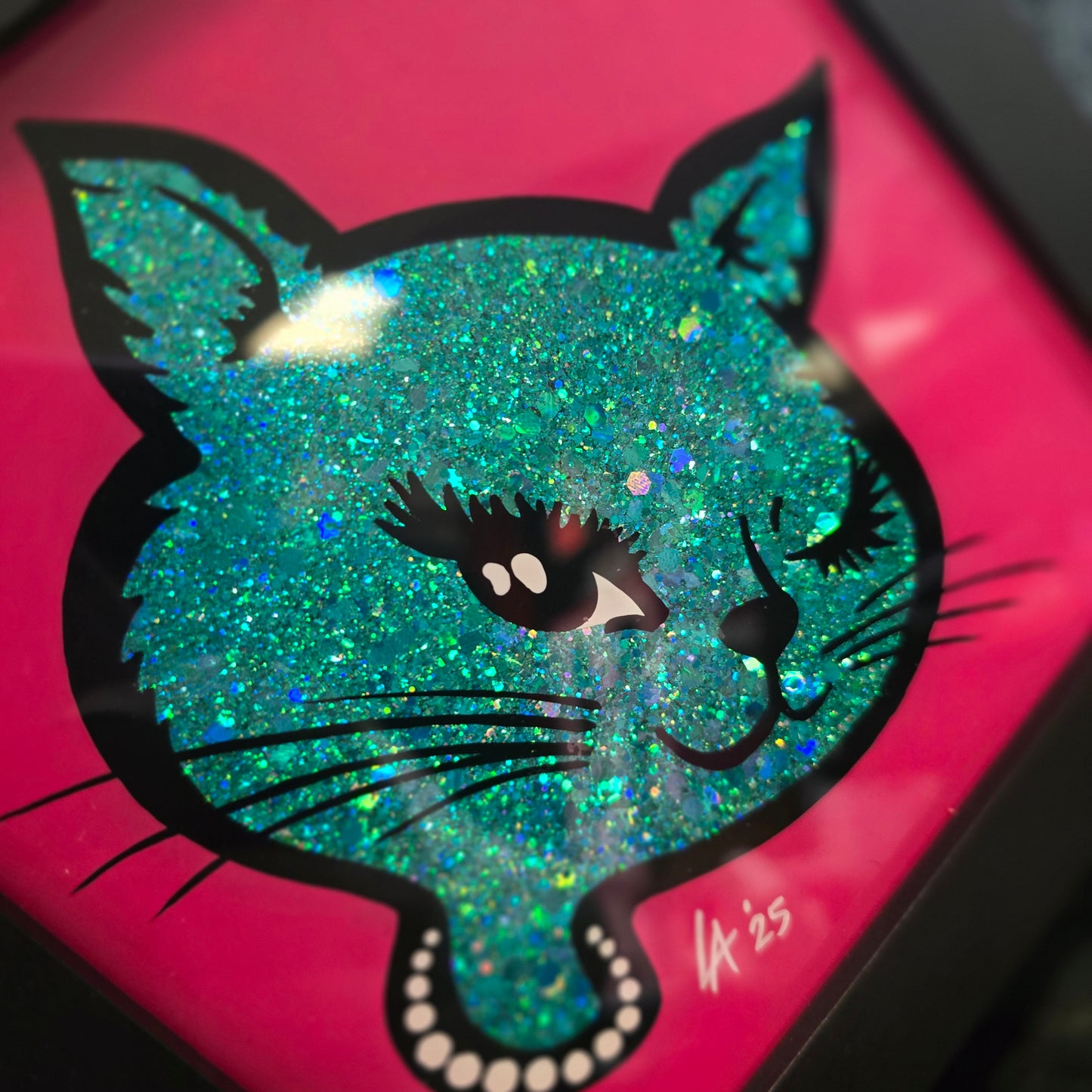 90's Winking Cat "Sticker" Bright Pink & Teal Glitter