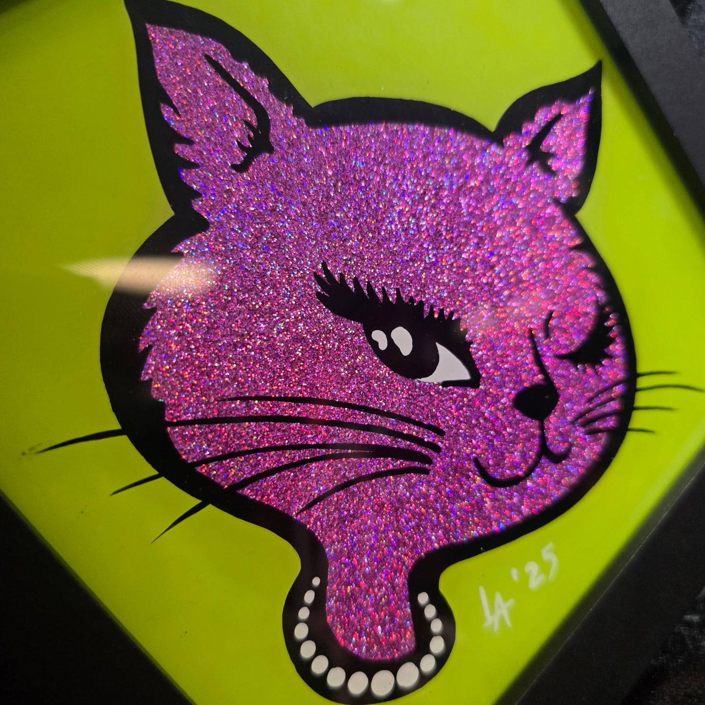 90's Winking Cat "Sticker" Light Green & Purple Pink Glitter