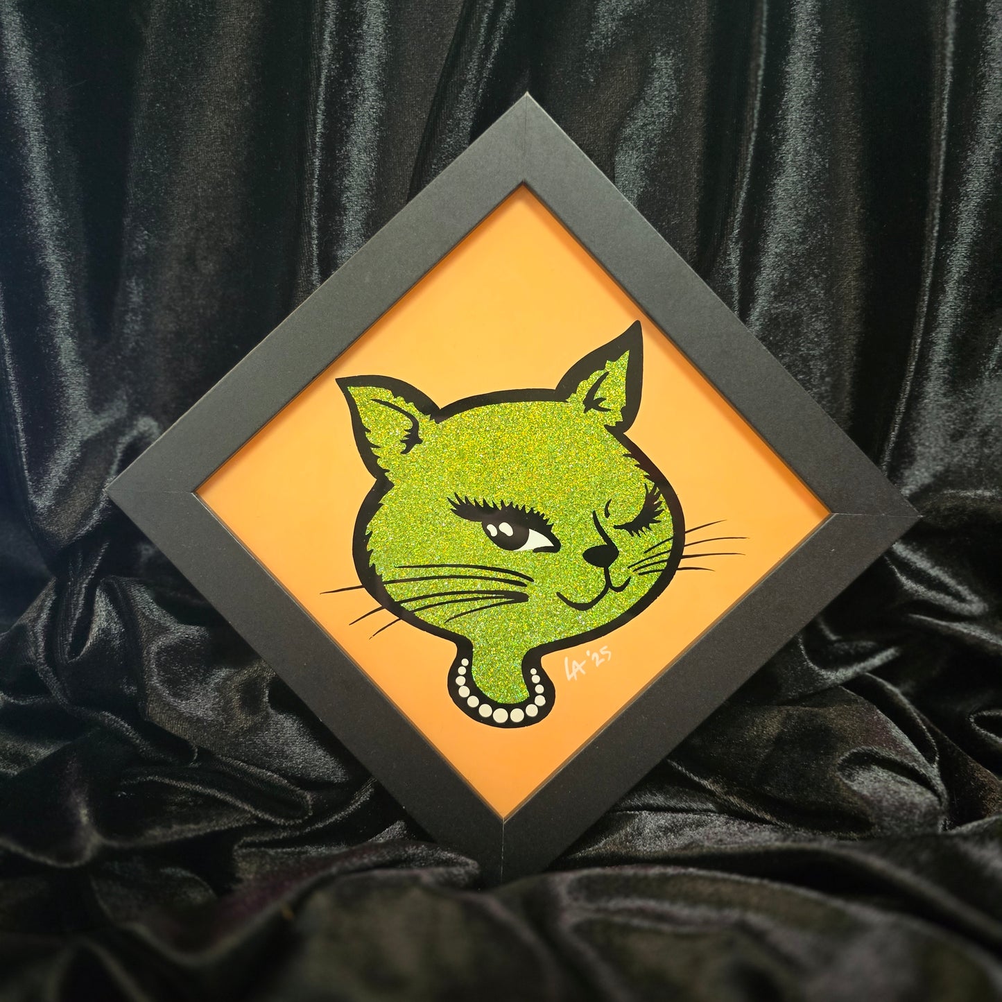 90's Winking Cat "Sticker" Peach & Light Green Glitter