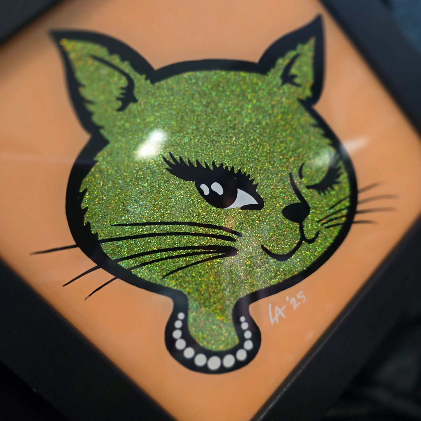 90's Winking Cat "Sticker" Peach & Light Green Glitter