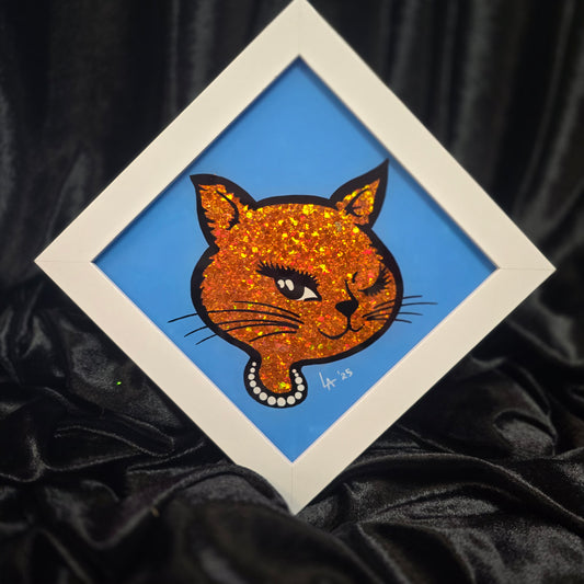 90's Winking Cat "Sticker" Baby Blue & Orange Glitter