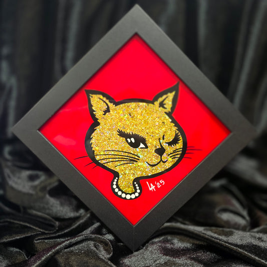 90's Winking Cat "Sticker" Red & Gold Glitter