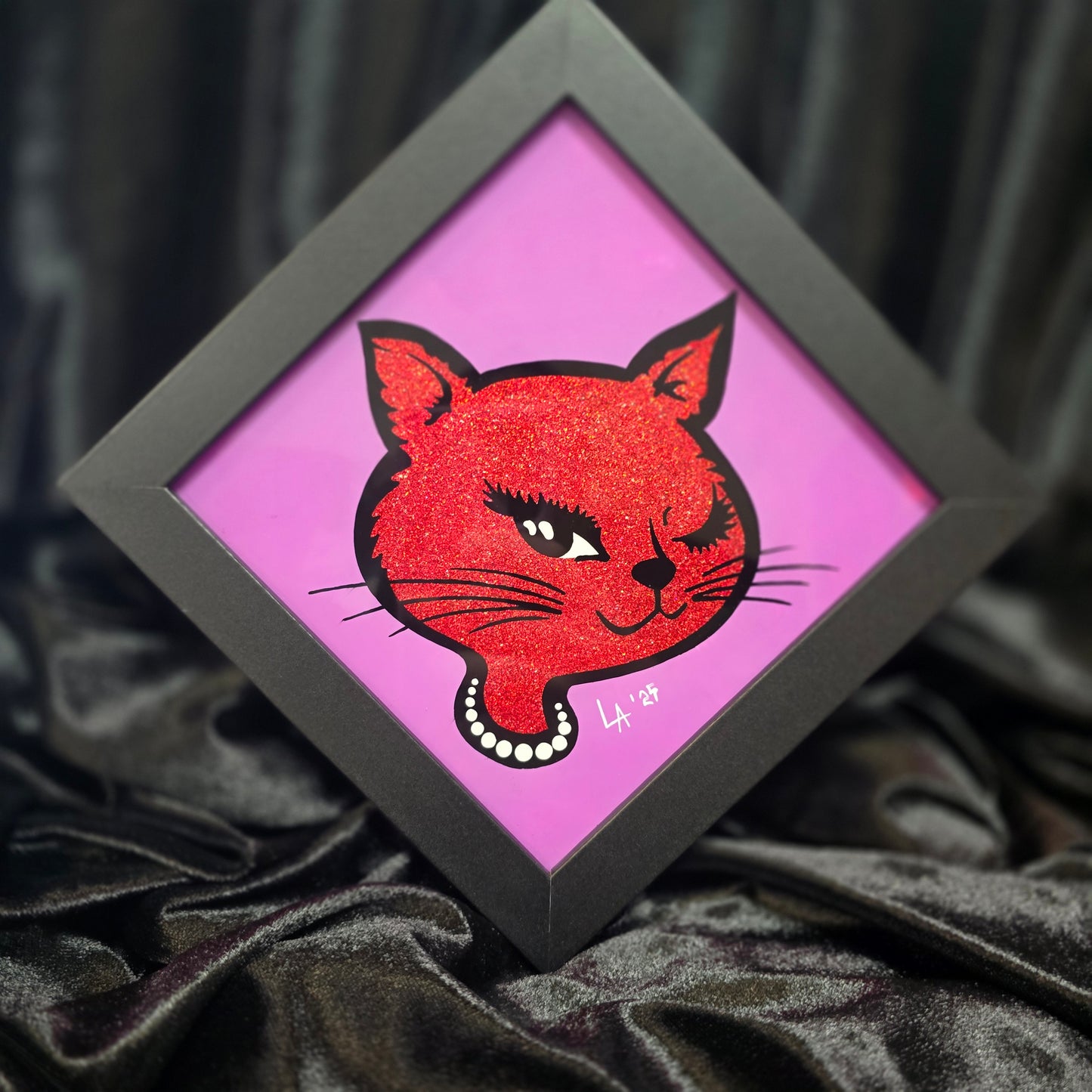 90's Winking Cat "Sticker" Lilac & Red Glitter