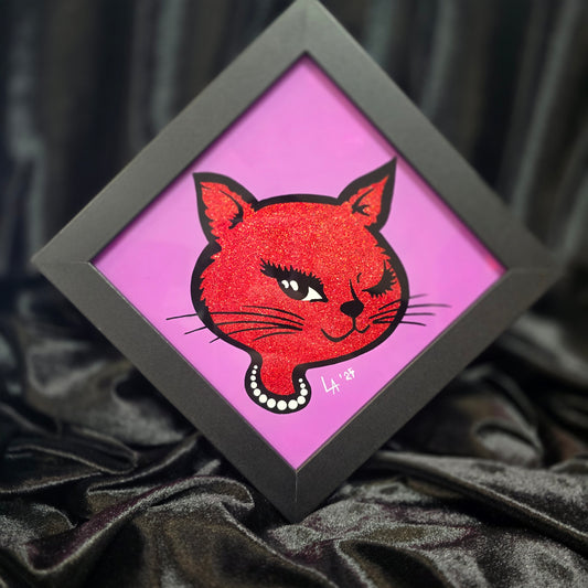 90's Winking Cat "Sticker" Lilac & Red Glitter