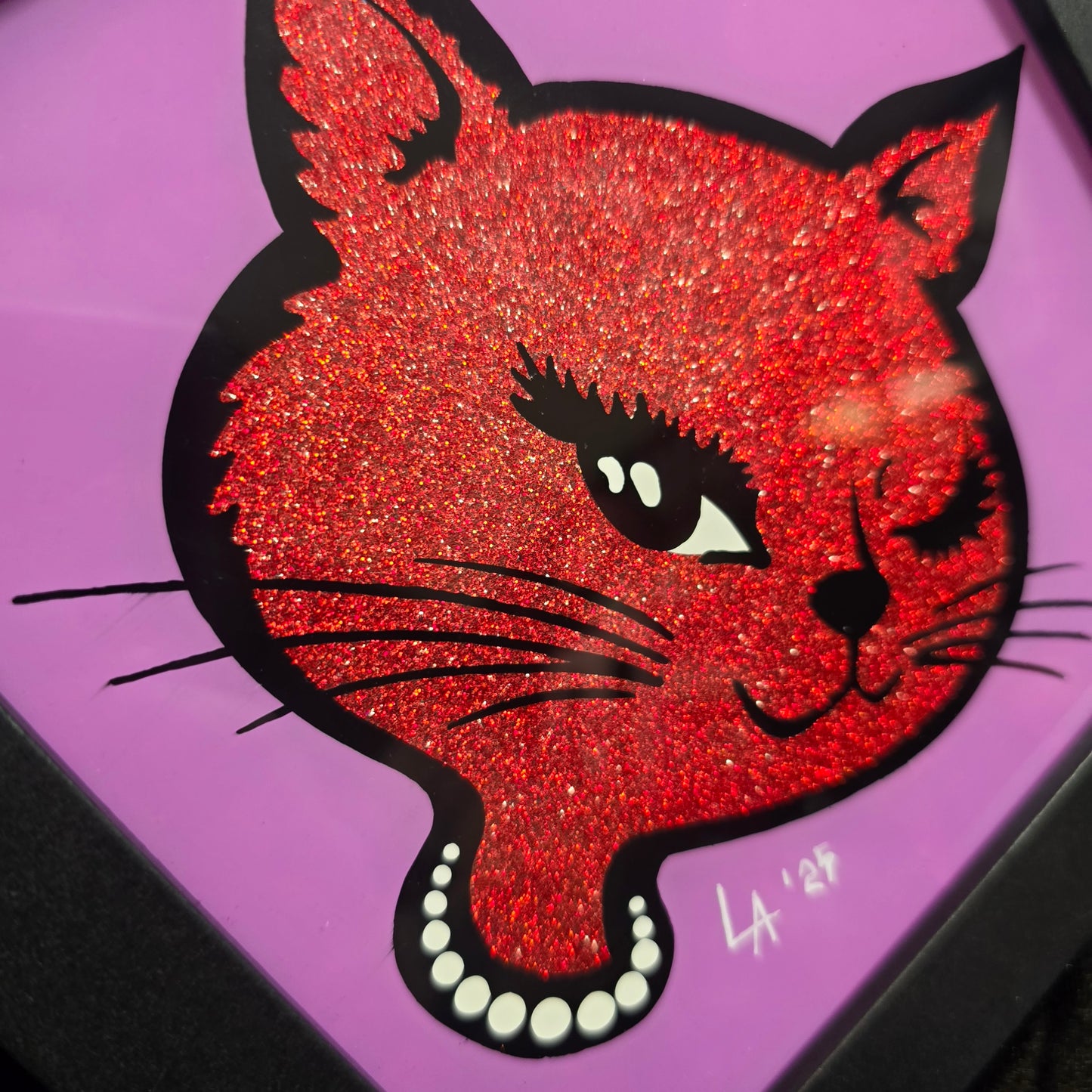 90's Winking Cat "Sticker" Lilac & Red Glitter