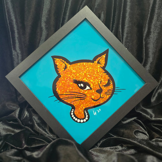 90's Winking Cat "Sticker" Bright Teal & Orange Glitter
