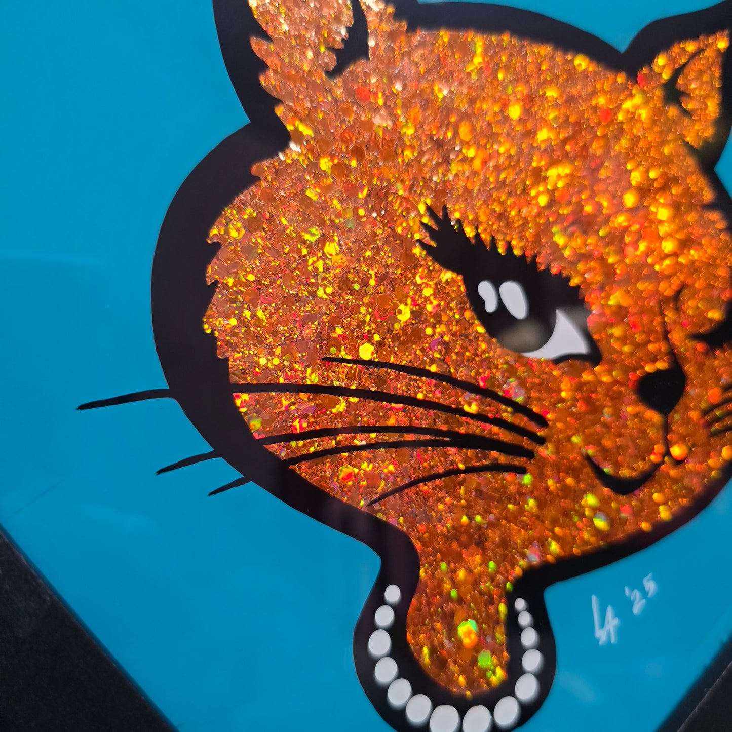 90's Winking Cat "Sticker" Bright Teal & Orange Glitter