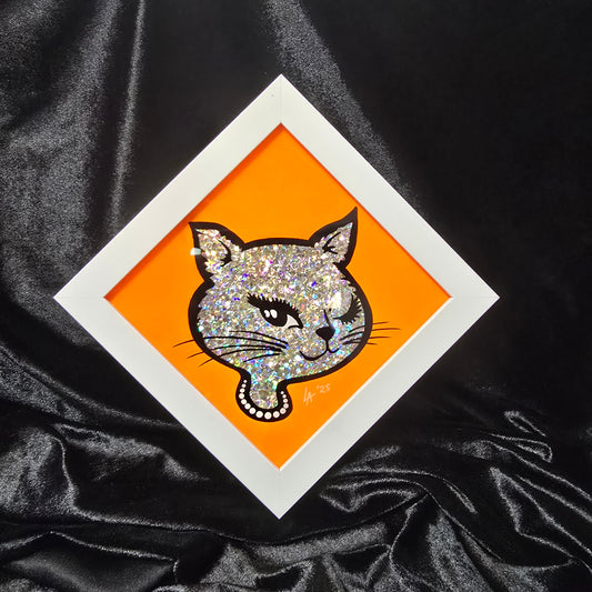 90's Winking Cat "Sticker" UV Reactive Neon Orange