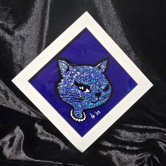 90's Winking Cat "Sticker" Blue with Light Blue Glitter