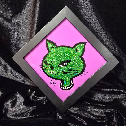 90's Winking Cat "Sticker" Purple with Green Glitter