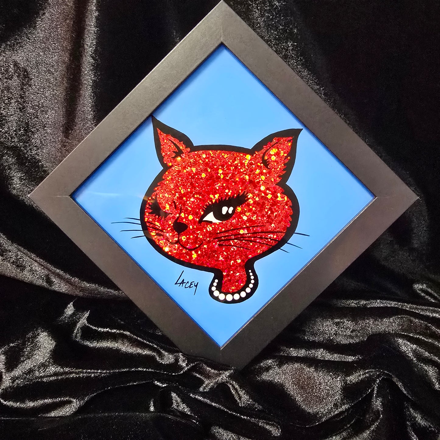 90's Winking Cat "Sticker" Light Blue with Red Glitter