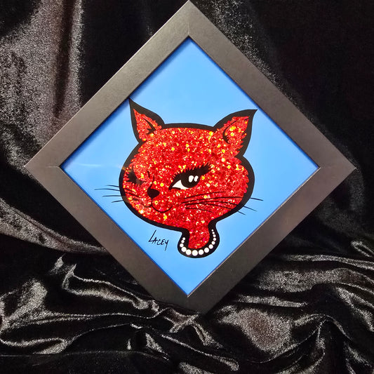 90's Winking Cat "Sticker" Light Blue with Red Glitter