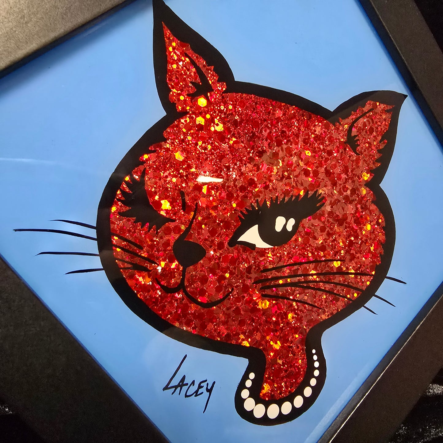 90's Winking Cat "Sticker" Light Blue with Red Glitter