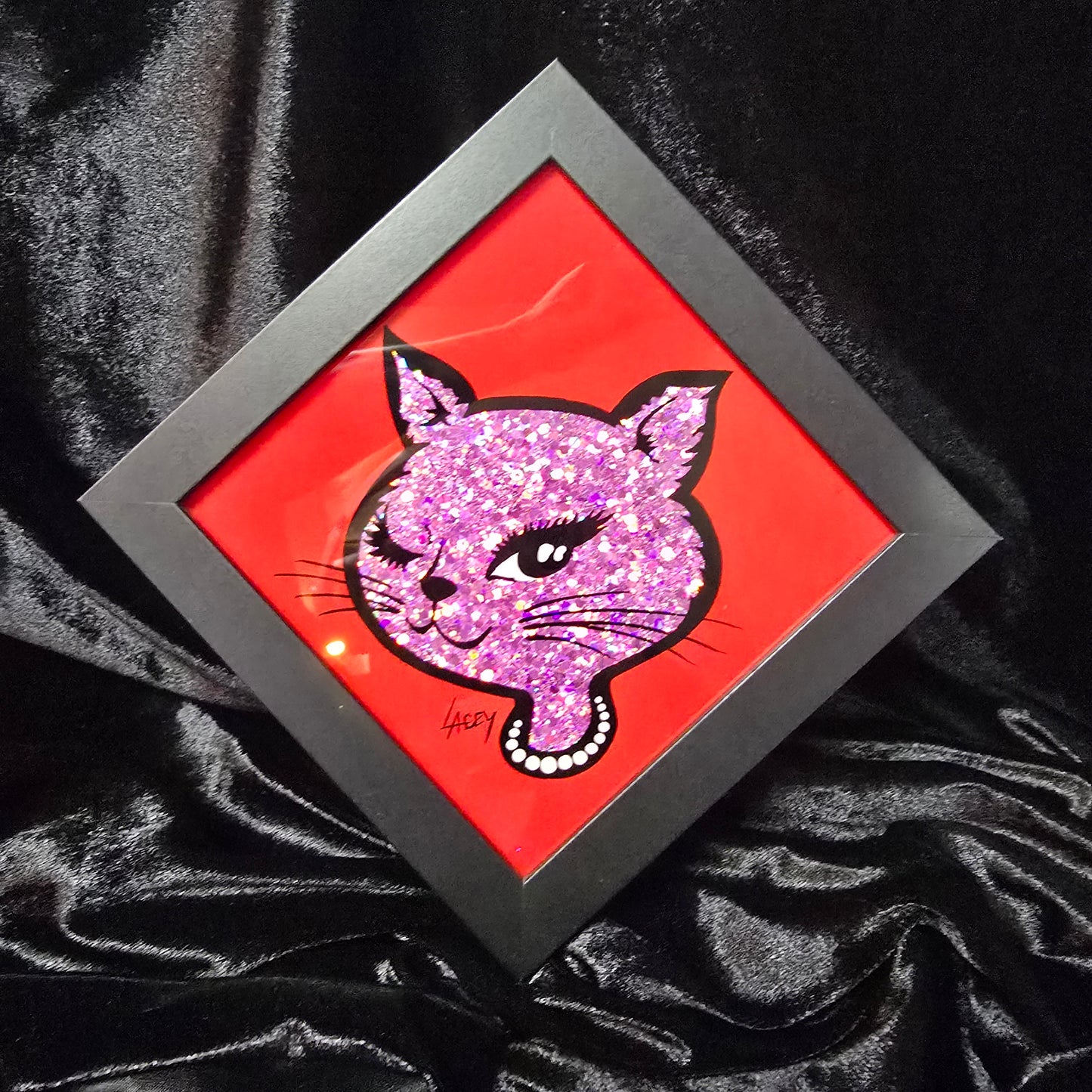 90's Winking Cat "Sticker" Red with Lilac Glitter