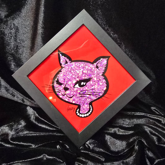 90's Winking Cat "Sticker" Red with Lilac Glitter