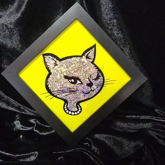 90's Winking Cat "Sticker" UV Reactive Neon Yellow