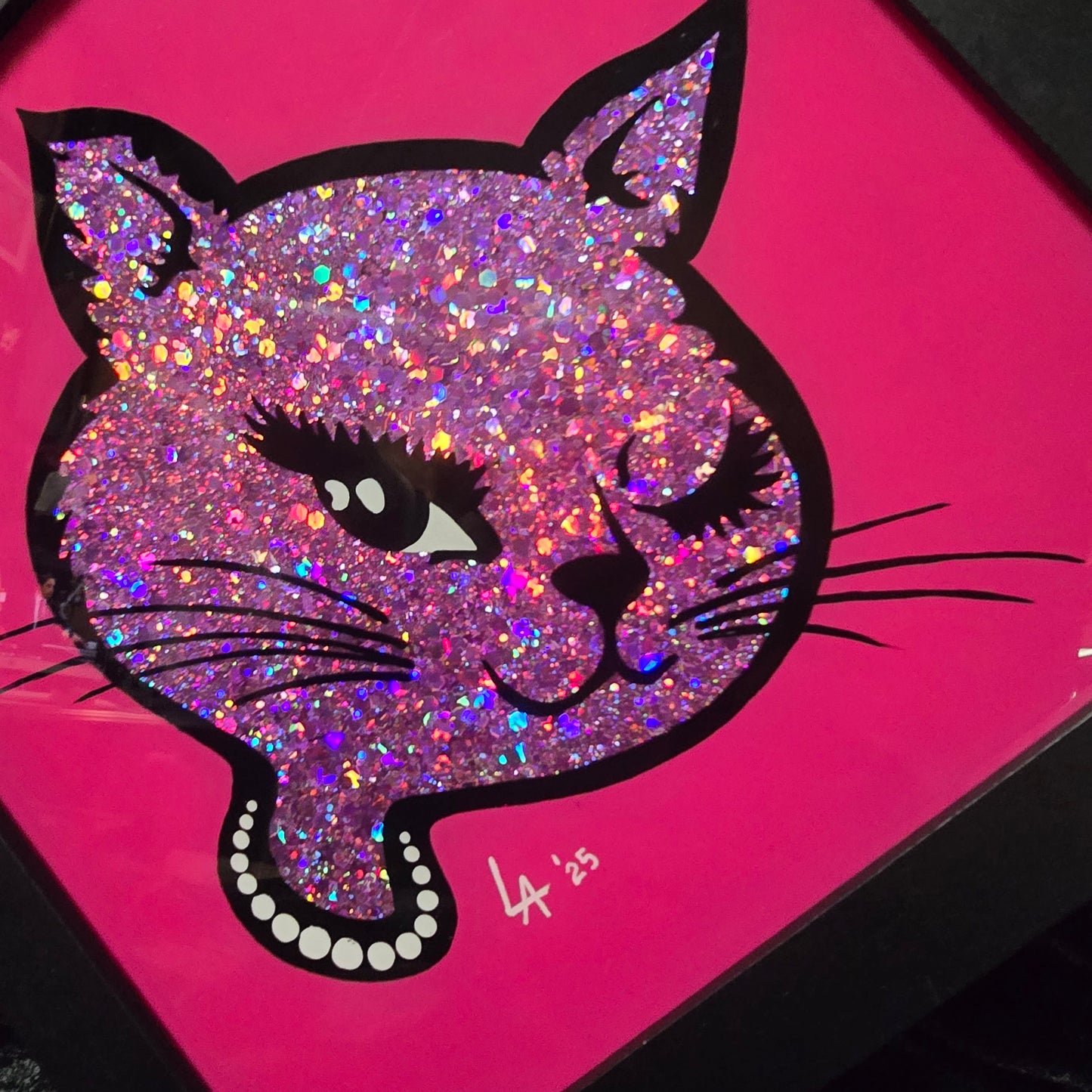 LARGE 90's Winking Cat "Sticker" Bright Pink and Lilac Glitter