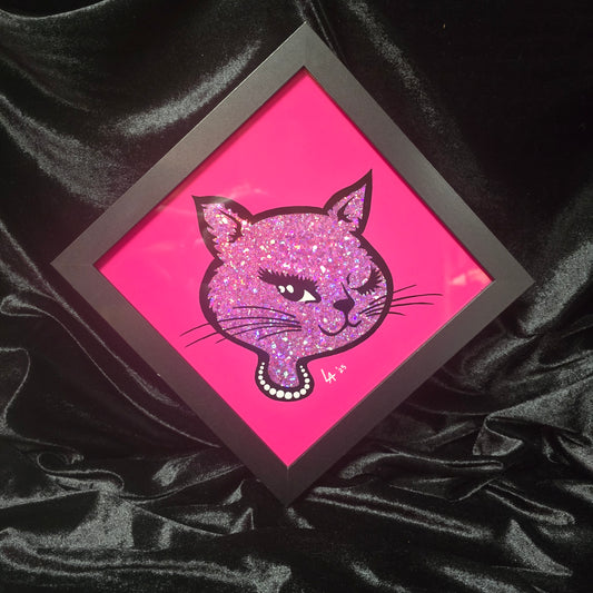 LARGE 90's Winking Cat "Sticker" Bright Pink and Lilac Glitter