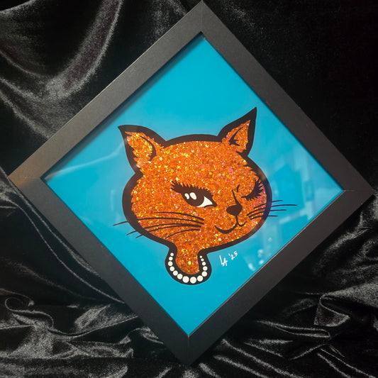 LARGE 90's Winking Cat "Sticker" Bright Teal and Orange Glitter