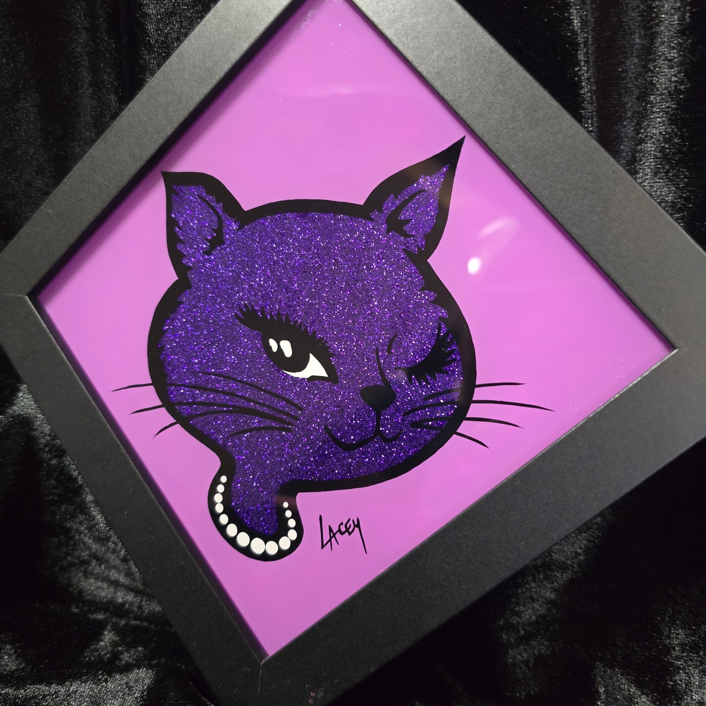 90's Winking Cat "Sticker" Light Purple with Purple Glitter