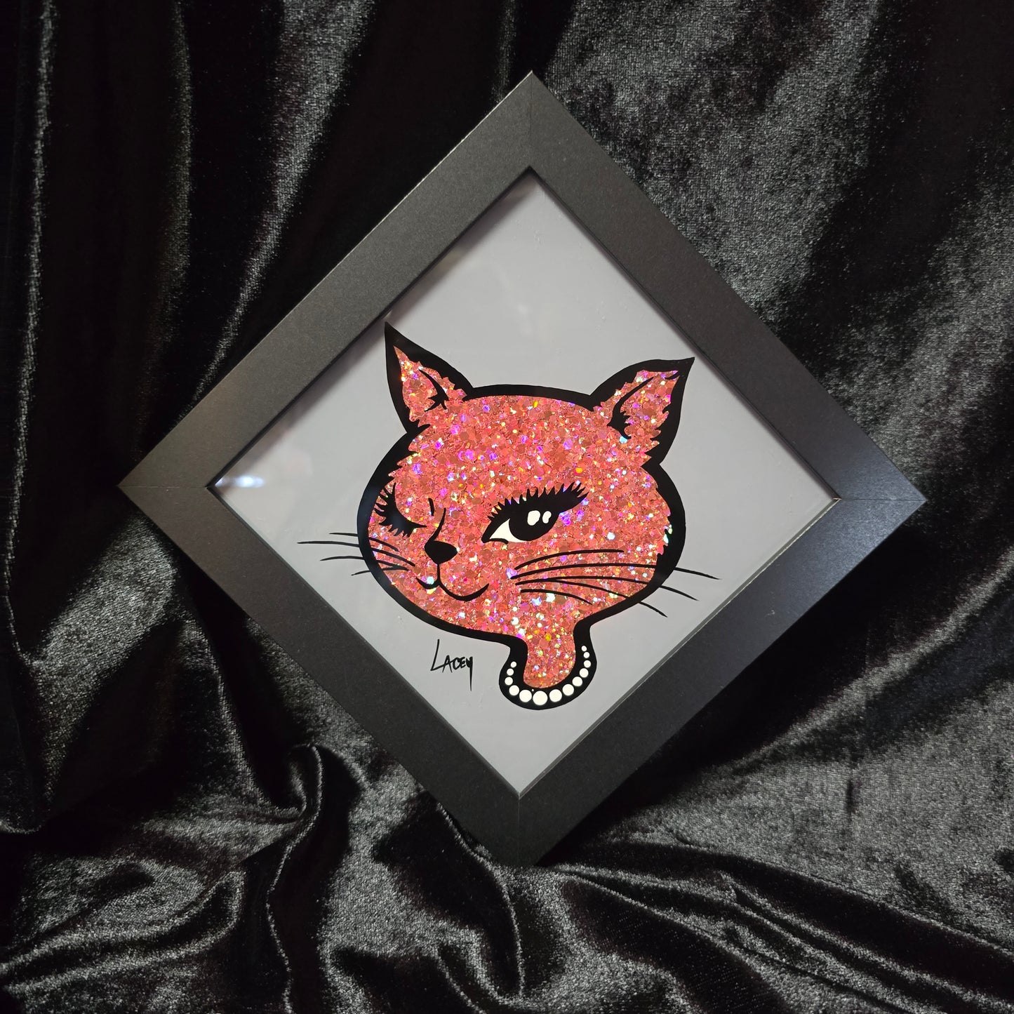 90's Winking Cat "Sticker" Gray with Light Pink Glitter
