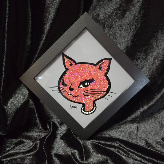 90's Winking Cat "Sticker" Gray with Light Pink Glitter