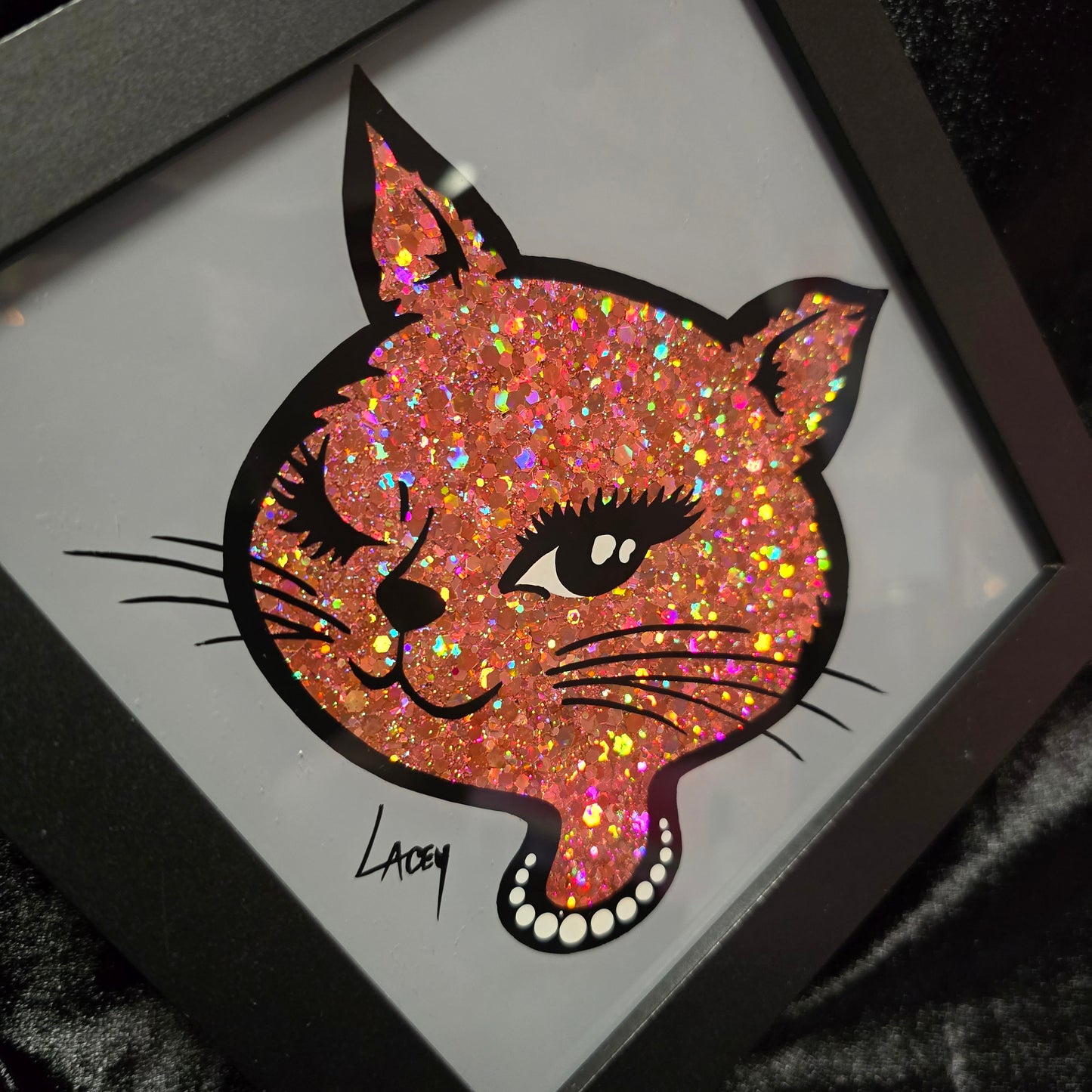 90's Winking Cat "Sticker" Gray with Light Pink Glitter
