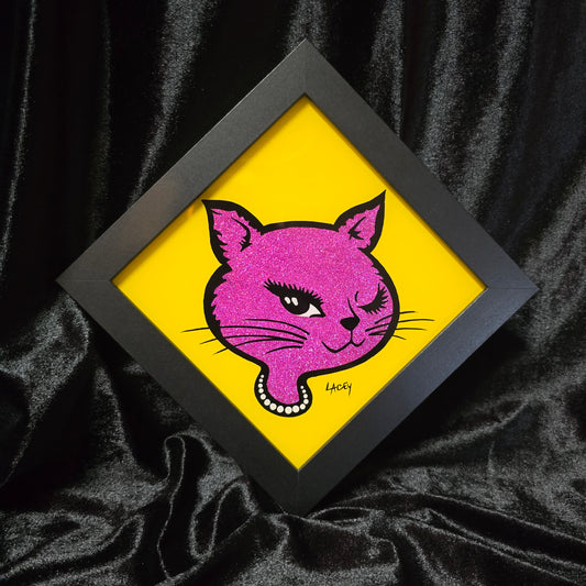 90's Winking Cat "Sticker" Yellow with Pink Micro Glitter