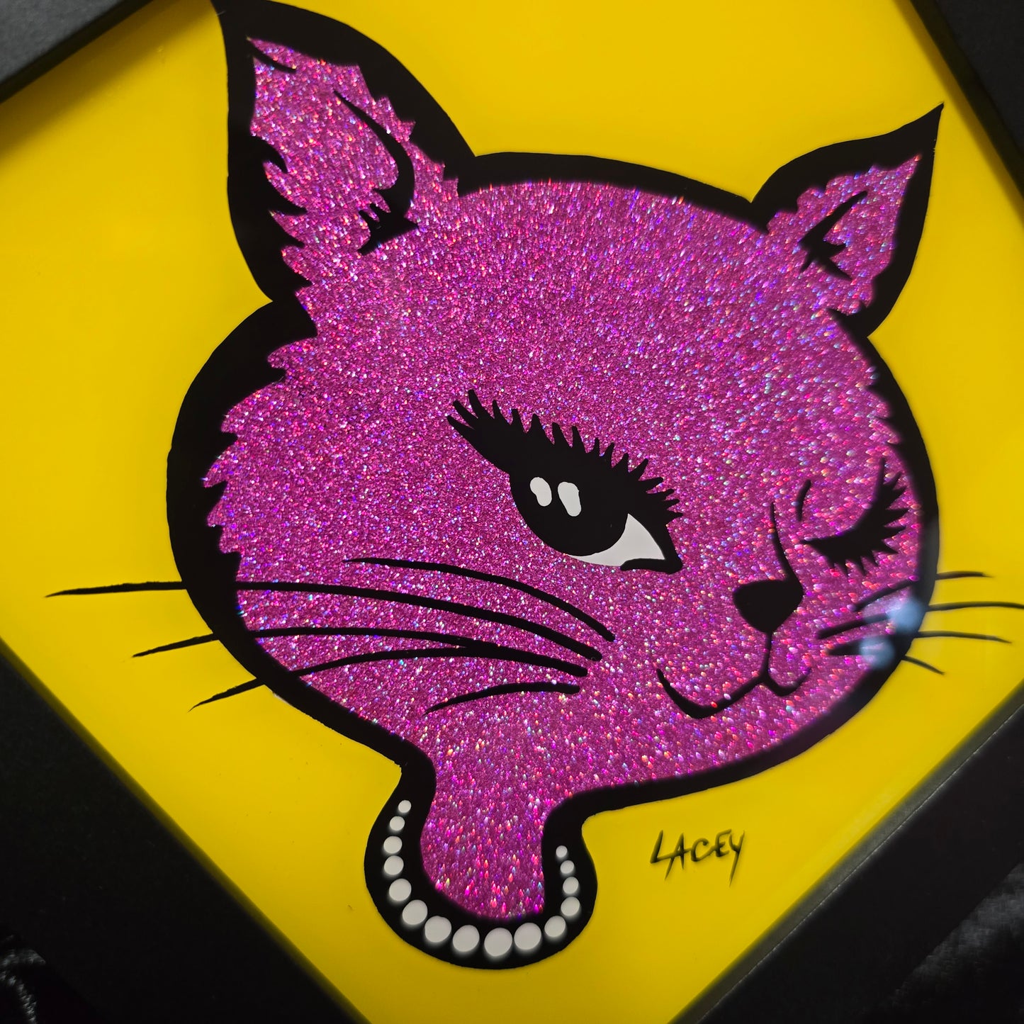 90's Winking Cat "Sticker" Yellow with Pink Micro Glitter
