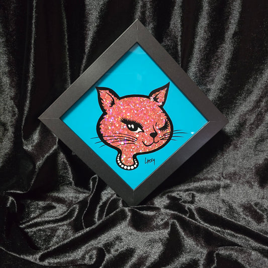 90's Winking Cat "Sticker" Bright Teal with Light Pink Glitter