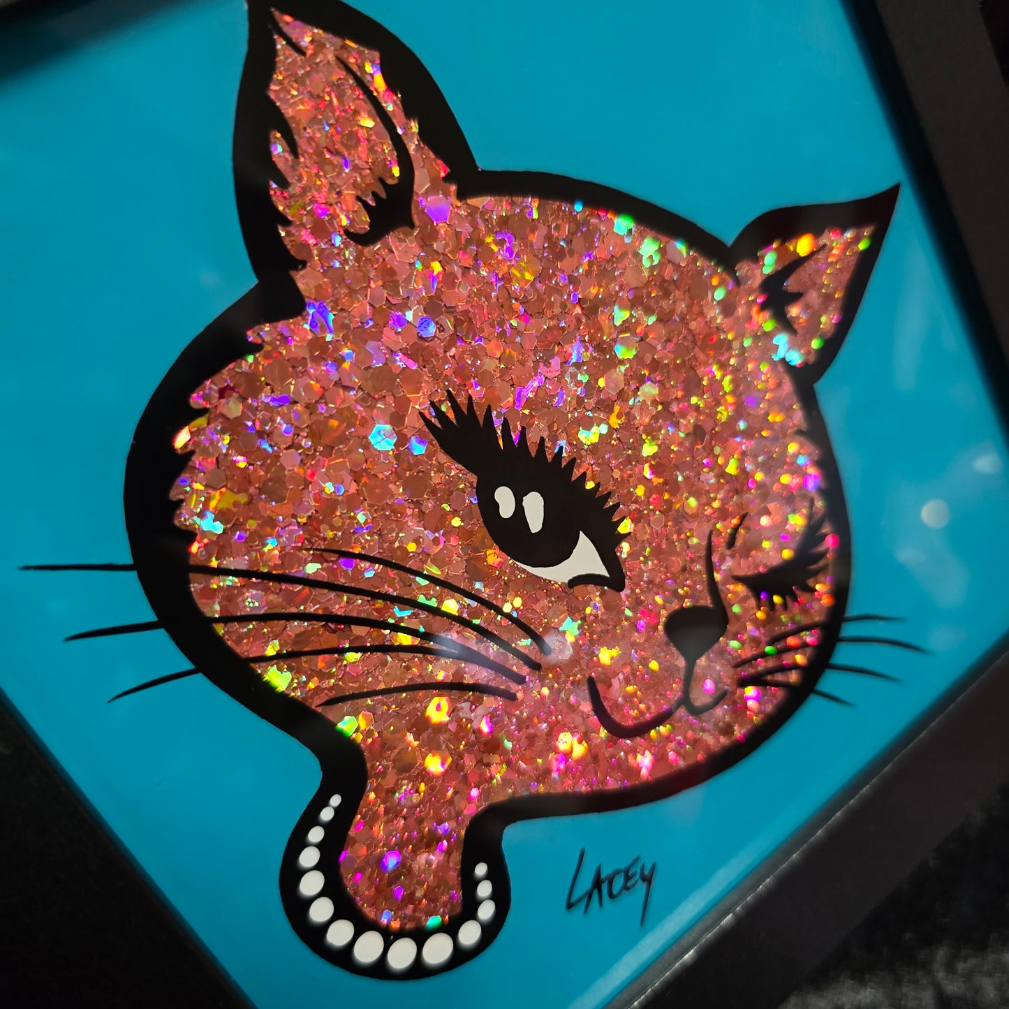 90's Winking Cat "Sticker" Bright Teal with Light Pink Glitter