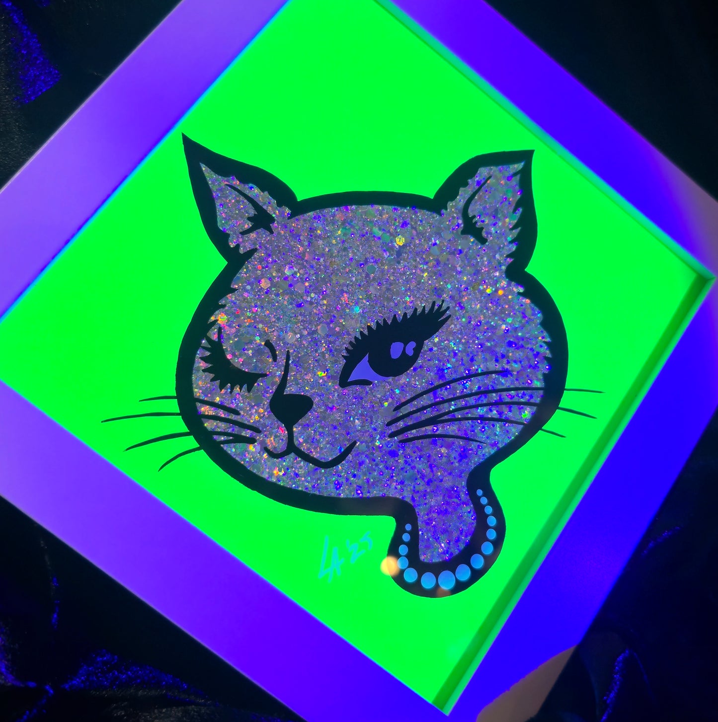 90's Winking Cat "Sticker" UV Reactive Neon Green
